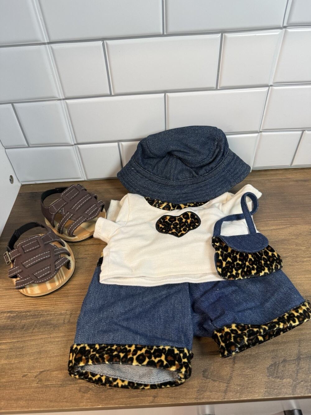 Vintage Build-a-Bear Outfit Top, Denim Shorts, Leopard Trim, Hat, Bag, & Sandals
